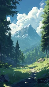 Sunlit conifer forest frames snowcapped alpine peak vista