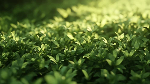 Sunlit green foliage groundcover with shallow depth of field