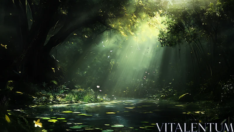 Sunlit forest pond with butterflies and dense green foliage.