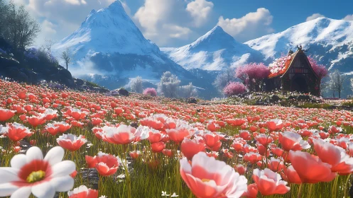 Alpine wildflower meadow with snowcapped peaks and cottage