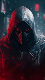 Hooded cyber reaper stalks a neon city in crimson rain
