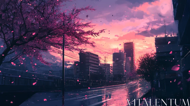 Gentle city evening under drifting cherry blossoms.