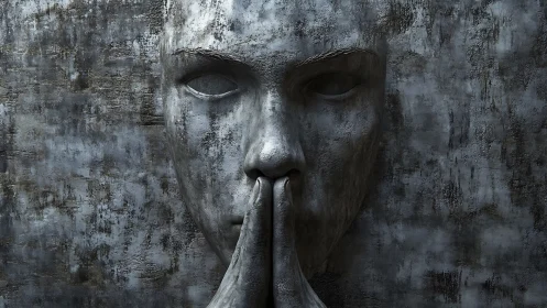 Stone face relief presses finger to lips in silent gesture