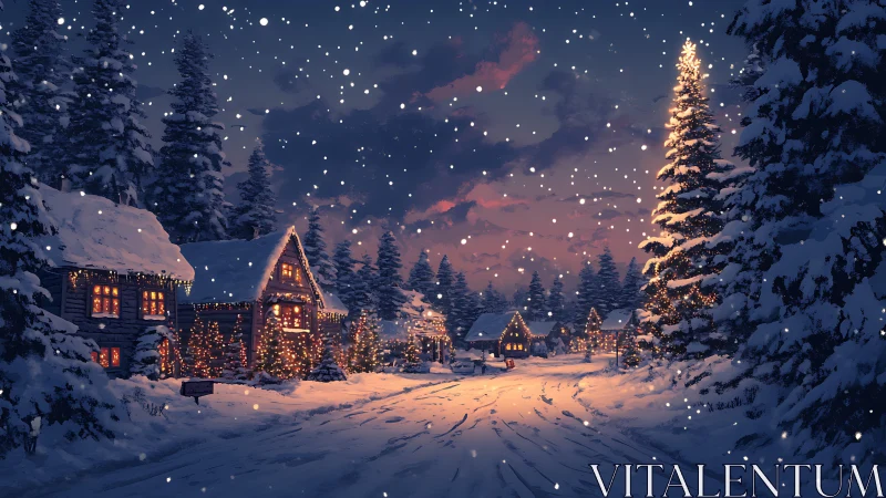 Snowy village street glows with warm festive winter lights.