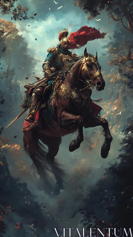 Armored cavalry figure rides through dense, atmospheric forest