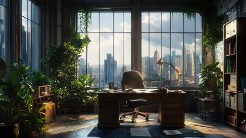 Biophilic loft office overlooking high rise urban skyline.