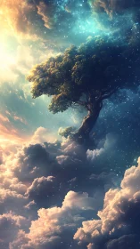 Celestial tree rising through luminous nebula cloudscape.