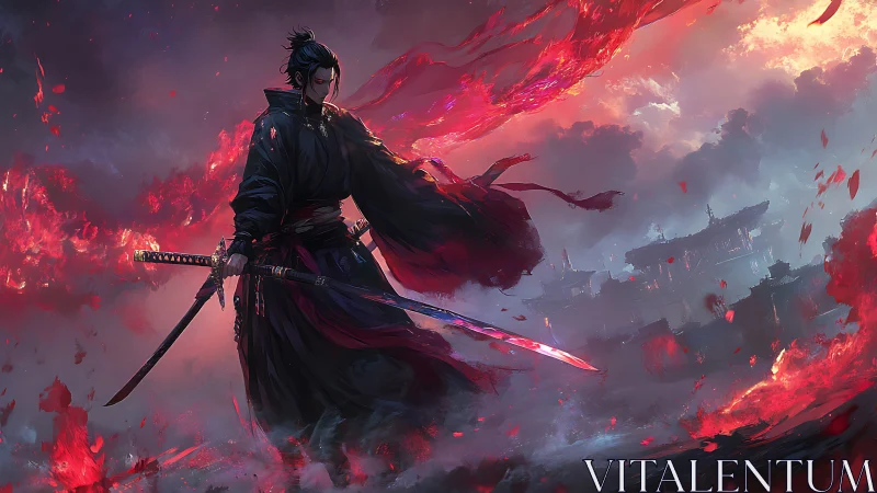 Solitary swordsman stands amid red atmospheric fire and ruins