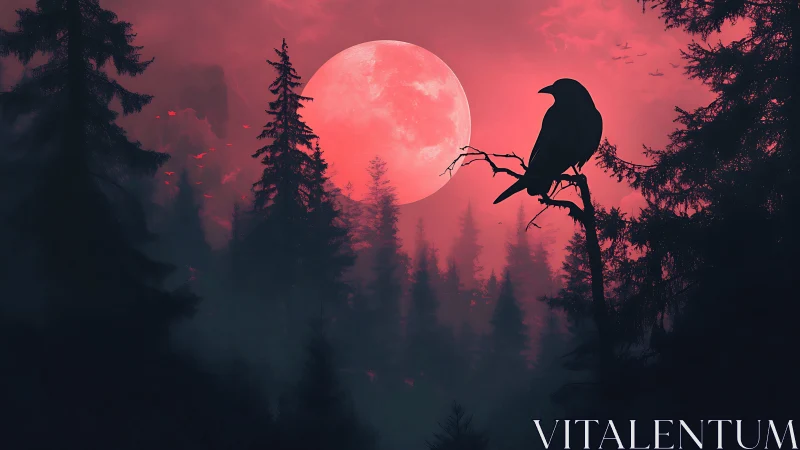 Black crow silhouette against red moon over dark forest.