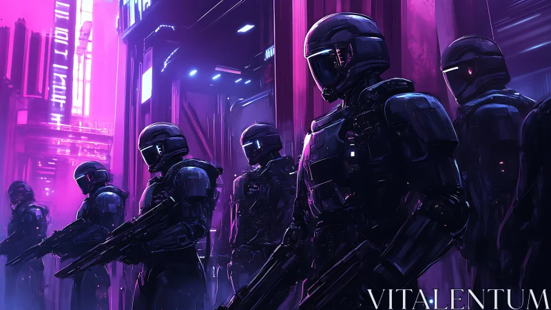 Armored futuristic soldiers in neon lit cyberpunk alley.