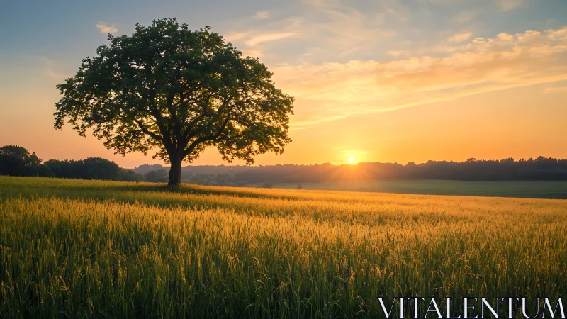 Solitary tree overlooks glowing wheat field at sunrise.