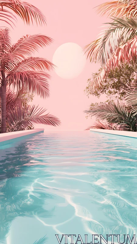 Infinity pool extends toward stylized sun in pink sky