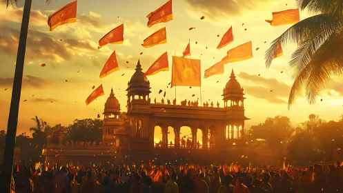 Sunlit temple procession with flags above dense festival crowd.