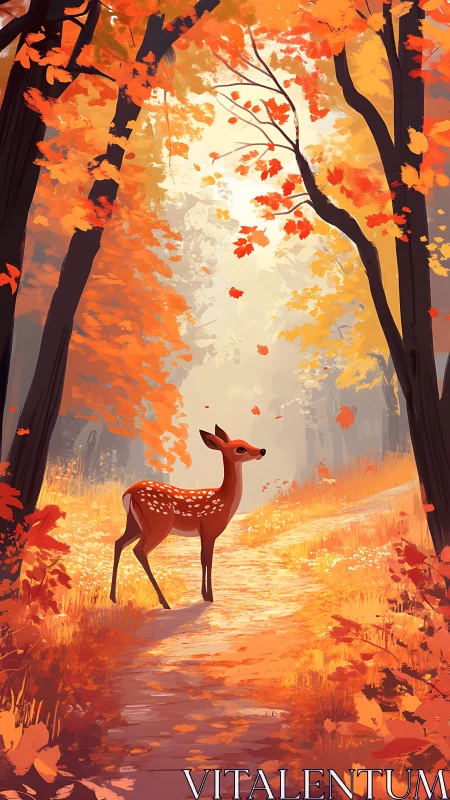 Deer in autumn forest with falling leaves and warm light