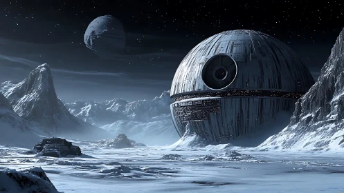 Massive spherical space station dominates frozen planetary valley