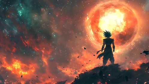 Anime cosmic warrior silhouetted before erupting starfield.