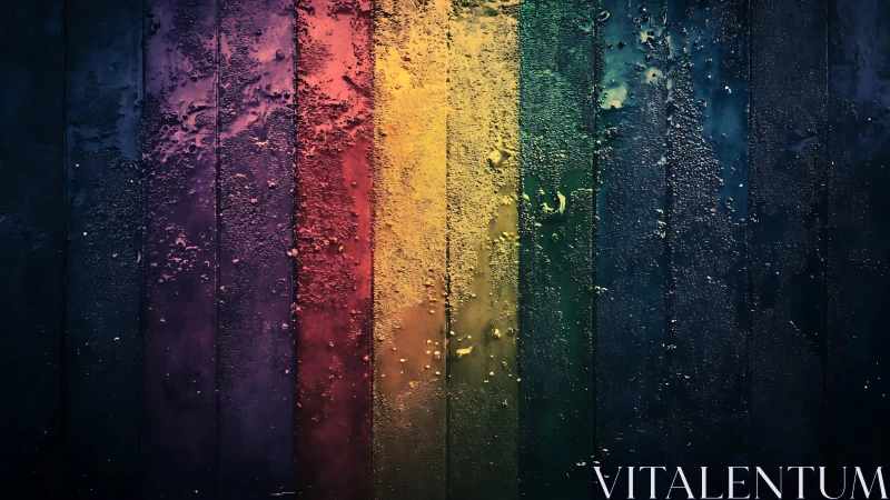 Weathered rainbow panels glow with textured midnight hues.