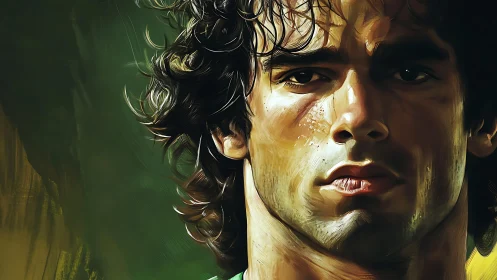 Bold portrait of determined curly haired man in warm light.