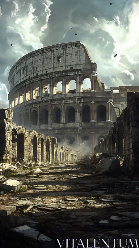 Ruined Roman amphitheater rendered in moody photoreal detail