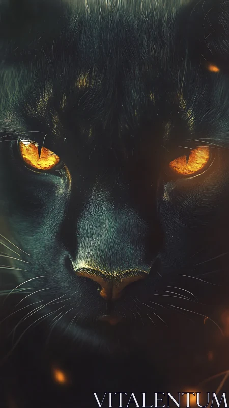 Black Cat with Glowing Amber Eyes in Darkness.