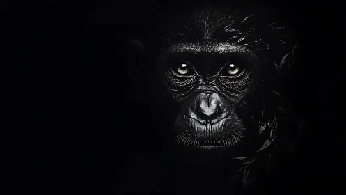 Gorilla gaze emerges softly from the quiet dark background
