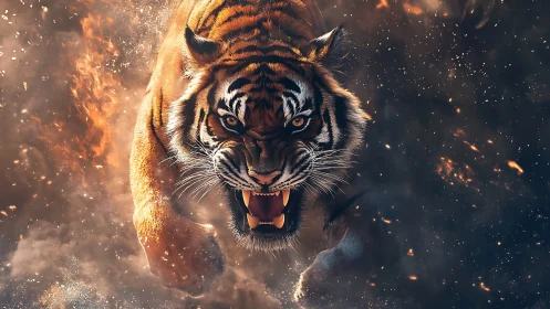 Tiger charges through molten embers, jaws bared in fury.