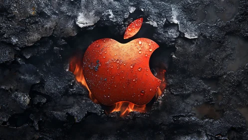 Glowing Red Apple Logo Emerges from Dark Textured Stone.