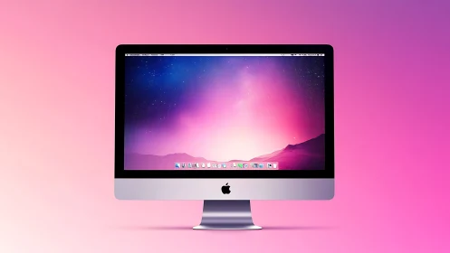 Imac desktop display glows over vibrant pink gradient background.
