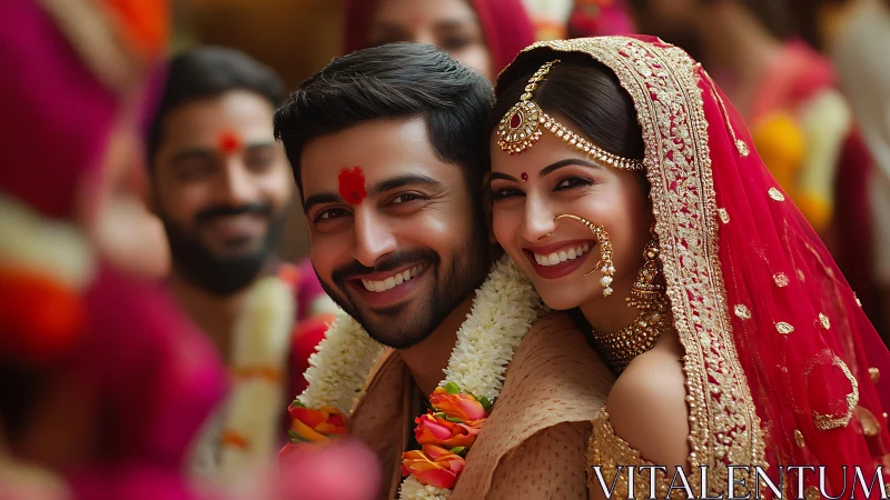 Joyful Indian wedding couple share a radiant, colorful moment.