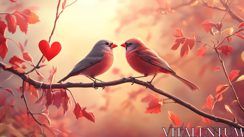 Two cardinals perched on branch with autumn foliage and red heart ornament.