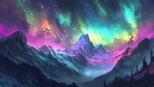 Aurora-drenched peaks glow under a vibrant cosmic night sky