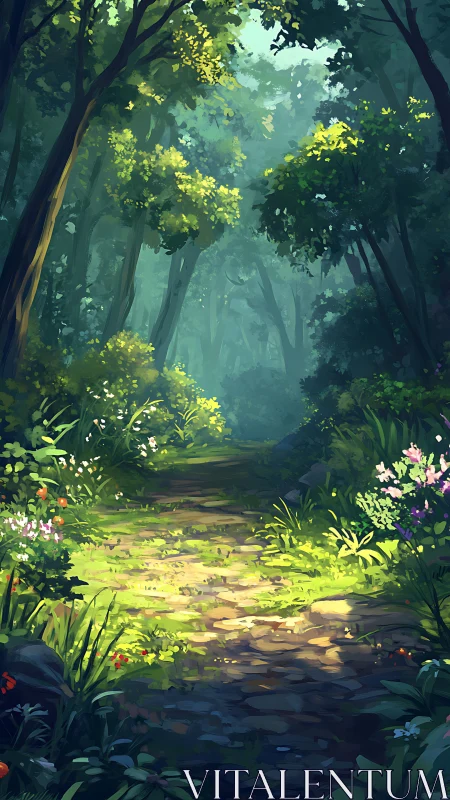 Enchanted Forest Pathway: Luminous Canopy and Verdant Undergrowth.