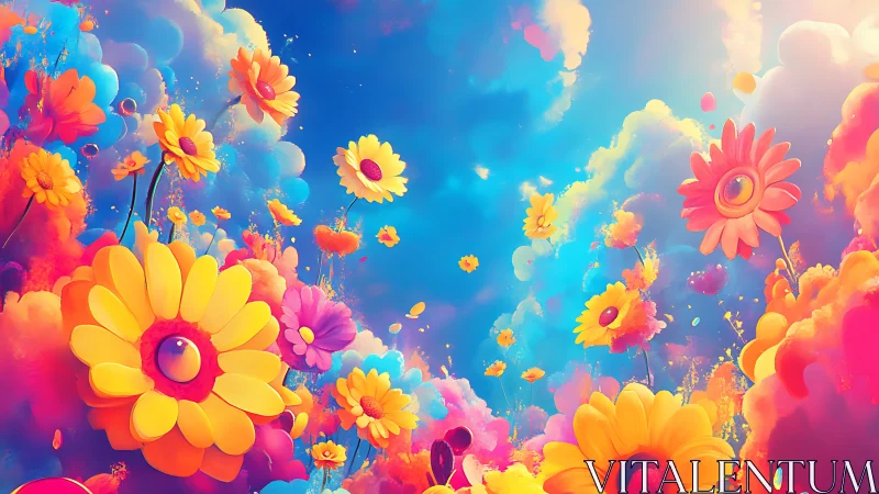 Chromatic floral composition with densely arranged flowers against gradient sky background.