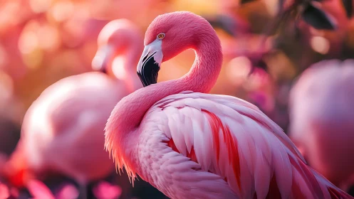 Vibrant Pink Flamingo in Soft Focus Nature Photography Style.