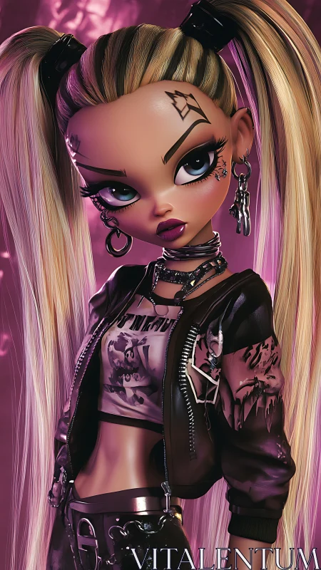 Gothic pop doll rendered with neon magenta cyberpunk glow.