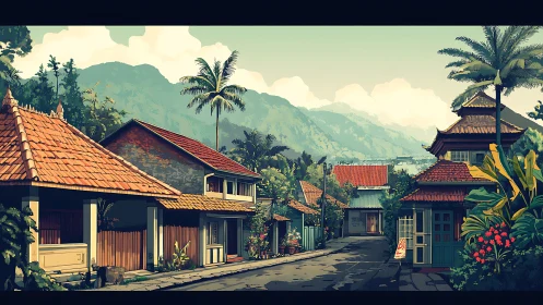 Sunlit village street nestles gently below misty green mountains