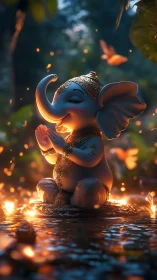 Gentle baby elephant deity glowing in a forest of light.