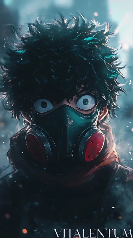 Masked anime survivor with icy bokeh and teal rim light.