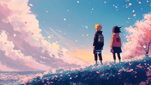 Sunset hill duo watch drifting petals over distant city.