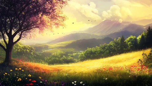 Golden valley landscape renders atmospheric light gradients