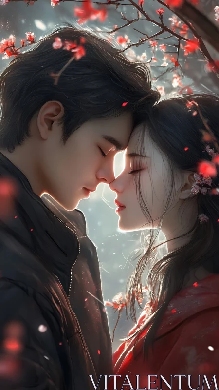 Two Anime Characters in Close Proximity with Red Floral Background