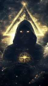 Hooded figure stands before illuminated triangle in clouds