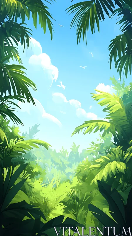 Tropical Jungle Canopy View Under Blue Sky.