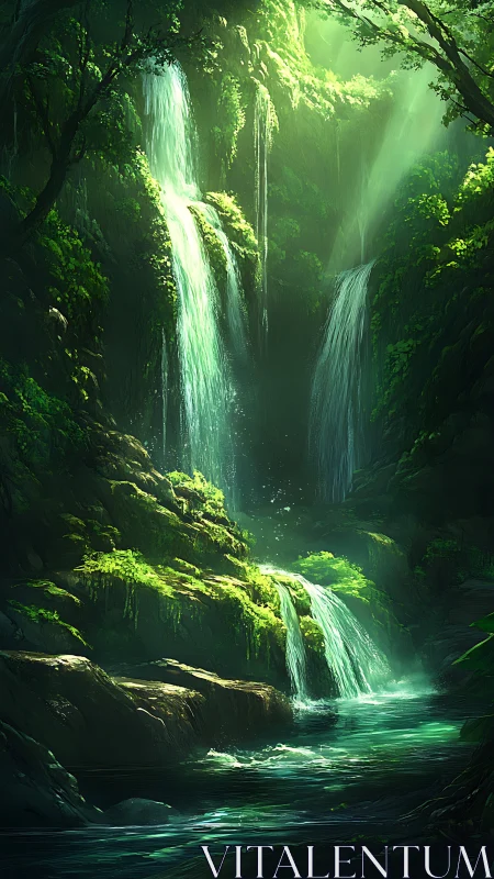 Sunlit rainforest waterfalls cascade into emerald pool