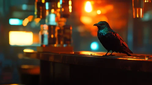 Iridescent crow on neon-lit bar counter in cinematic bokeh.