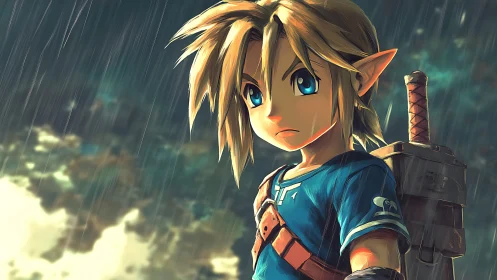 Young stormlit adventurer standing brave in the rain.