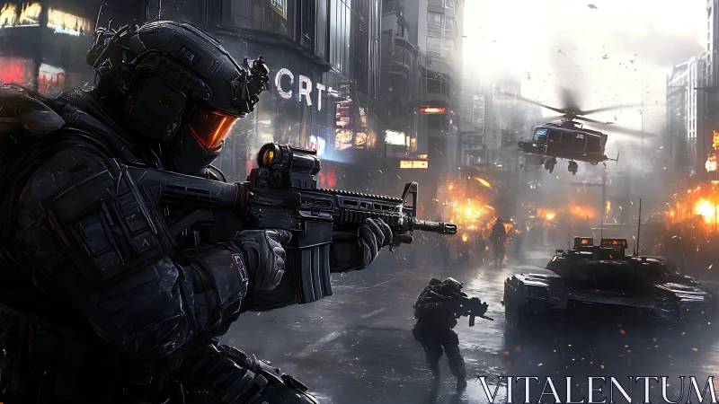 Futuristic urban firefight with tactical infantry, APC and gunship