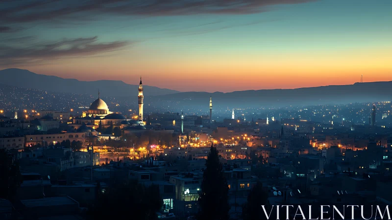 Evening urban skyline shows illuminated city and distant hills