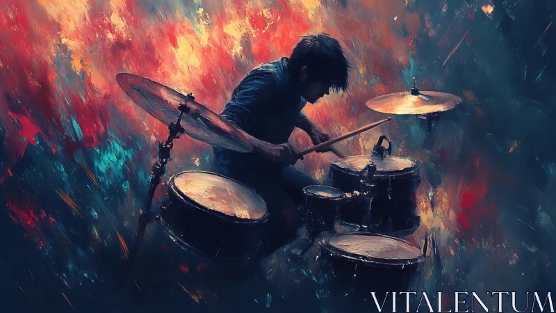 Explosive drummer silhouette pounds drums in blazing color storm