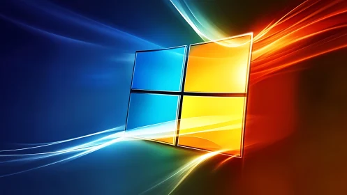 Windows-style glass panel logo with dynamic light streak gradients